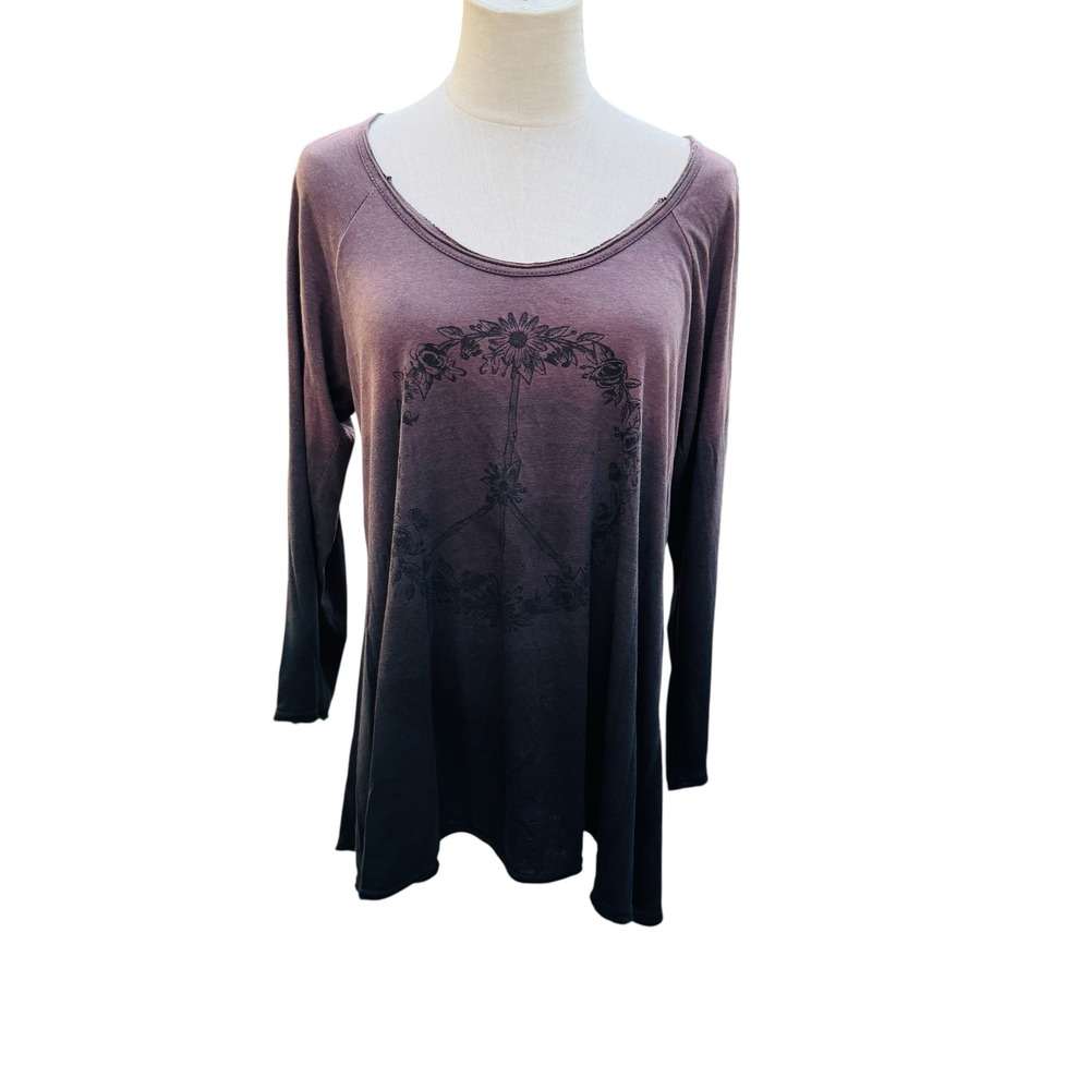 Natural Life Peace Sign Floral Ombre Tunic Top Purple Black Size M Long Sleeve